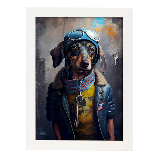 Nacnic Lámina Dachshund aviador Valiente en estilo Fotografía a todo color. Divertidas ilustraciones realistas de animales con ropa humana. Diseño y Decoración de Interiores.-Artwork-Nacnic-A4-Marco Blanco-Nacnic Estudio SL