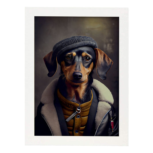 Nacnic Lámina Dachshund Dependiente en estilo Fotografía a todo color. Divertidas ilustraciones realistas de animales con ropa humana. Diseño y Decoración de Interiores.-Artwork-Nacnic-A4-Marco Blanco-Nacnic Estudio SL