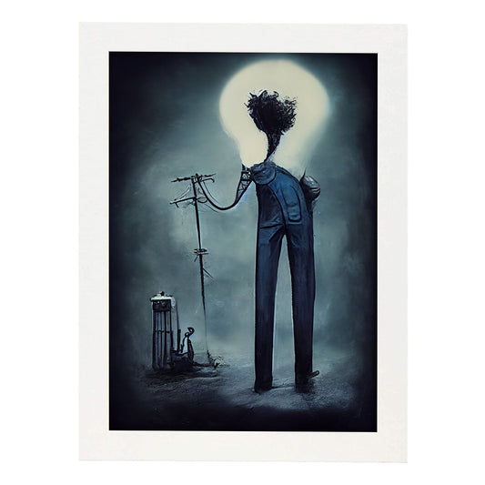 Nacnic Lámina Electricista Empático al estilo de T. Burton. Ilustraciones de profesiones y oficios inspiradas en arte gótico y oscuro. Diseño y Decoración de Interiores.-Artwork-Nacnic-A4-Marco Blanco-Nacnic Estudio SL