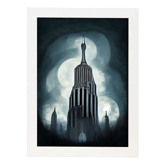 Nacnic Lámina Empire State Audaz al estilo de T. Burton. Ilustraciones de monumentos, ciudades, paises inspiradas en arte gótico y oscuro. Diseño y Decoración de Interiores.-Artwork-Nacnic-A4-Marco Blanco-Nacnic Estudio SL