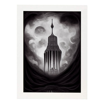 Nacnic Lámina Empire State Intelectual al estilo de T. Burton. Ilustraciones de monumentos, ciudades, paises inspiradas en arte gótico y oscuro. Diseño y Decoración de Interiores.-Artwork-Nacnic-A4-Marco Blanco-Nacnic Estudio SL