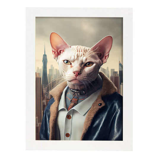 Nacnic Lámina Gato Colorpoint Dependiente en estilo Fotografía a todo color. Divertidas ilustraciones realistas de animales con ropa humana. Diseño y Decoración de Interiores.-Artwork-Nacnic-A4-Marco Blanco-Nacnic Estudio SL