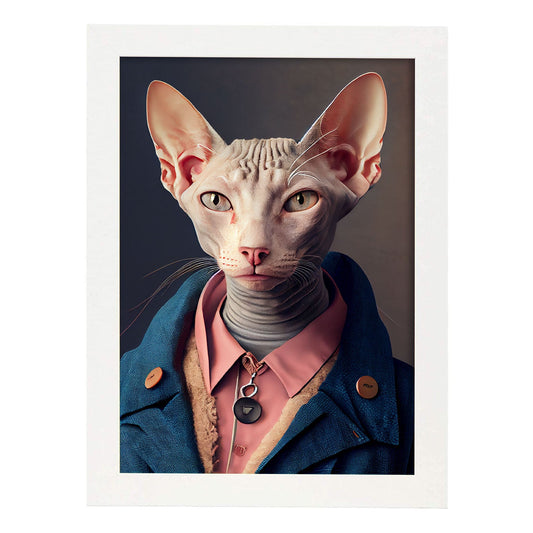 Nacnic Lámina Gato Egipcio Audaz en estilo Fotografía a todo color. Divertidas ilustraciones realistas de animales con ropa humana. Diseño y Decoración de Interiores.-Artwork-Nacnic-A4-Marco Blanco-Nacnic Estudio SL