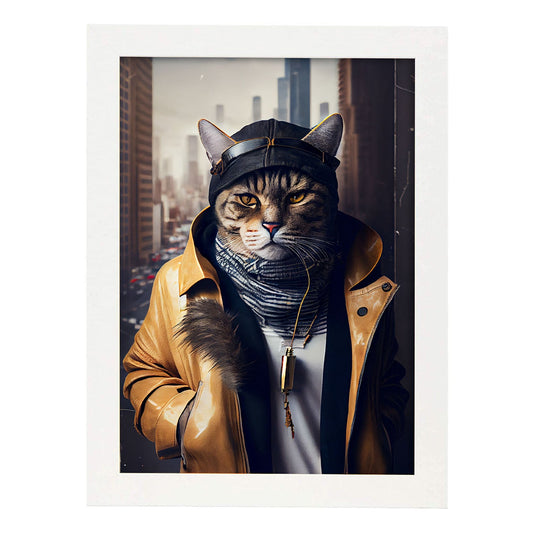 Nacnic Lámina Gato Habana brown Valiente en estilo Fotografía a todo color. Divertidas ilustraciones realistas de animales con ropa humana. Diseño y Decoración de Interiores.-Artwork-Nacnic-A4-Marco Blanco-Nacnic Estudio SL