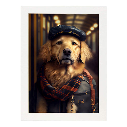 Nacnic Lámina Golden retriever Humilde en estilo Fotografía a todo color. Divertidas ilustraciones realistas de animales con ropa humana. Diseño y Decoración de Interiores.-Artwork-Nacnic-A4-Marco Blanco-Nacnic Estudio SL