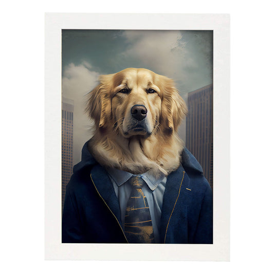 Nacnic Lámina Golden Retriever Leal en estilo Fotografía a todo color. Divertidas ilustraciones realistas de animales con ropa humana. Diseño y Decoración de Interiores.-Artwork-Nacnic-A4-Marco Blanco-Nacnic Estudio SL