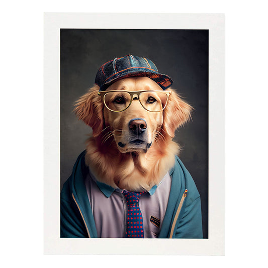 Nacnic Lámina Golden retriever Sociable en estilo Fotografía a todo color. Divertidas ilustraciones realistas de animales con ropa humana. Diseño y Decoración de Interiores.-Artwork-Nacnic-A4-Marco Blanco-Nacnic Estudio SL