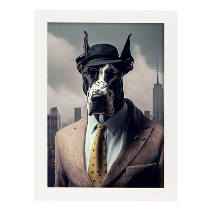 Nacnic Lámina Gran danés Intelectual en estilo Fotografía a todo color. Divertidas ilustraciones realistas de animales con ropa humana. Diseño y Decoración de Interiores.-Artwork-Nacnic-A4-Marco Blanco-Nacnic Estudio SL