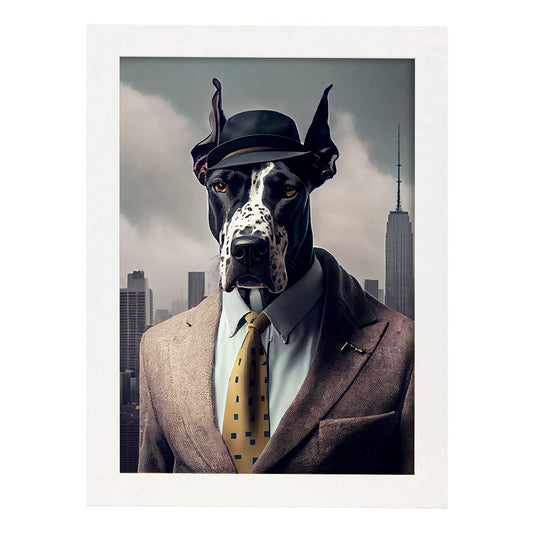 Nacnic Lámina Gran danés Intelectual en estilo Fotografía a todo color. Divertidas ilustraciones realistas de animales con ropa humana. Diseño y Decoración de Interiores.-Artwork-Nacnic-A4-Marco Blanco-Nacnic Estudio SL