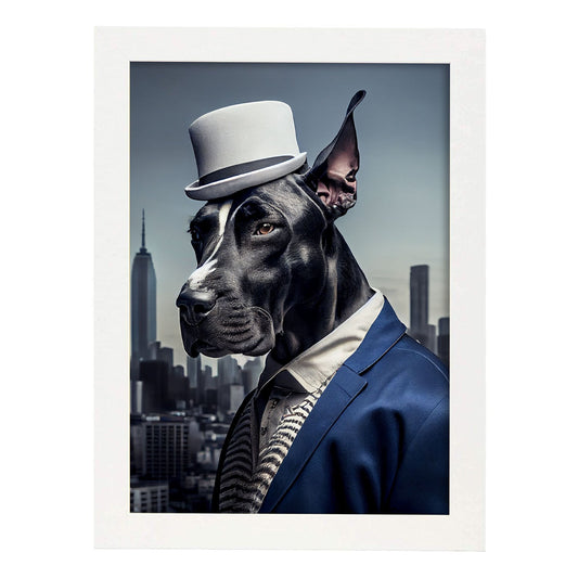 Nacnic Lámina Gran danés Responsable en estilo Fotografía a todo color. Divertidas ilustraciones realistas de animales con ropa humana. Diseño y Decoración de Interiores.-Artwork-Nacnic-A4-Marco Blanco-Nacnic Estudio SL