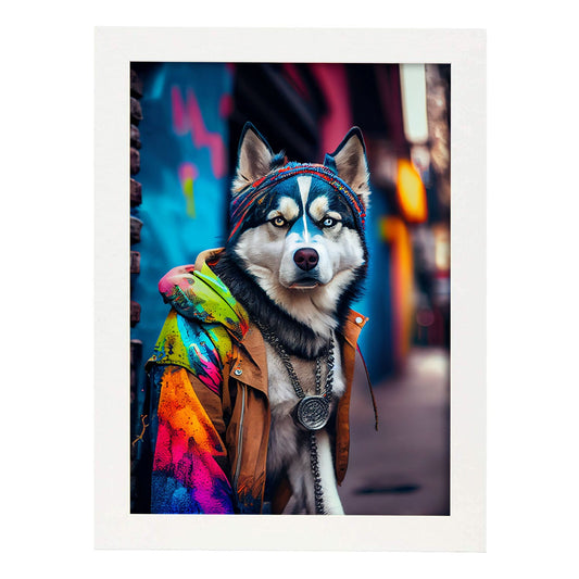 Nacnic Lámina Husky siberiano colorido Optimista en estilo Fotografía a todo color. Divertidas ilustraciones realistas de animales con ropa humana. Diseño y Decoración de Interiores.-Artwork-Nacnic-A4-Marco Blanco-Nacnic Estudio SL