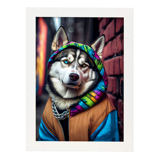 Nacnic Lámina Husky siberiano colorido Responsable en estilo Fotografía a todo color. Divertidas ilustraciones realistas de animales con ropa humana. Diseño y Decoración de Interiores.-Artwork-Nacnic-A4-Marco Blanco-Nacnic Estudio SL