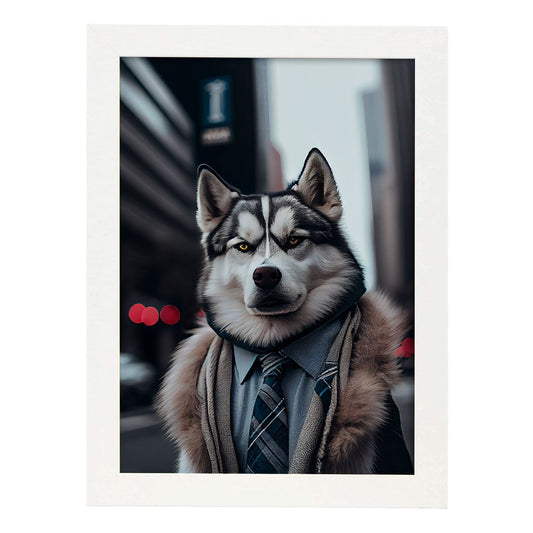 Nacnic Lámina Husky siberiano Compasivo en estilo Fotografía a todo color. Divertidas ilustraciones realistas de animales con ropa humana. Diseño y Decoración de Interiores.-Artwork-Nacnic-A4-Marco Blanco-Nacnic Estudio SL