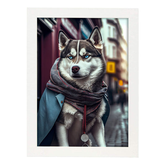 Nacnic Lámina Husky siberiano Decidido en estilo Fotografía a todo color. Divertidas ilustraciones realistas de animales con ropa humana. Diseño y Decoración de Interiores.-Artwork-Nacnic-A4-Marco Blanco-Nacnic Estudio SL