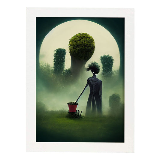 Nacnic Lámina Jardinero Racional al estilo de T. Burton. Ilustraciones de profesiones y oficios inspiradas en arte gótico y oscuro. Diseño y Decoración de Interiores.-Artwork-Nacnic-A4-Marco Blanco-Nacnic Estudio SL