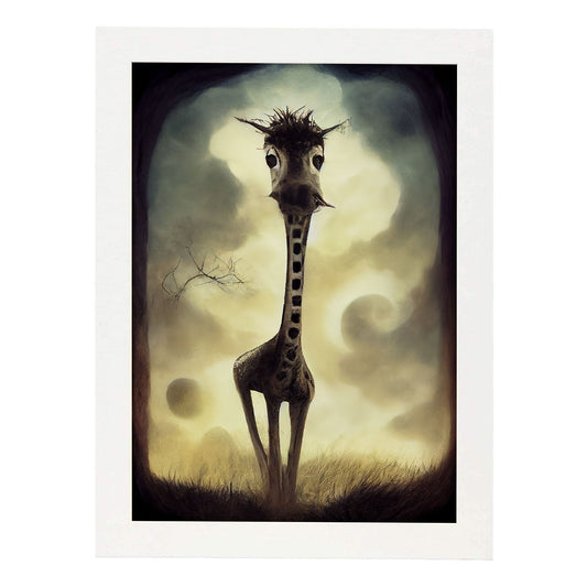 Nacnic Lámina Jirafa Humilde estilo T. Burton. Ilustraciones y pósters de animales inspirados en el arte gótico y oscuro de Burton. Diseño y Decoración de Interiores.-Artwork-Nacnic-A4-Marco Blanco-Nacnic Estudio SL