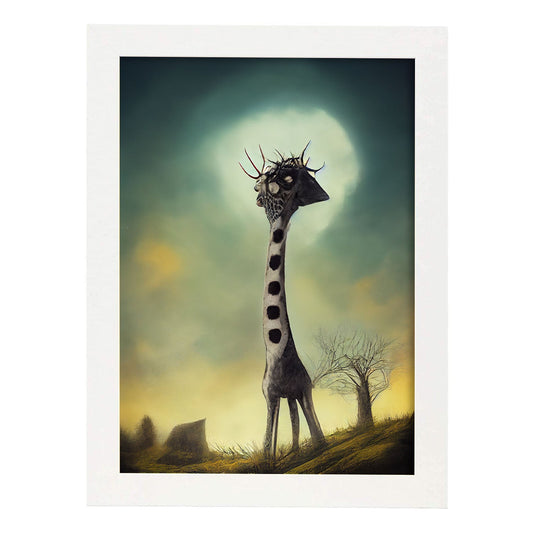 Nacnic Lámina Jirafa Intelectual estilo T. Burton. Ilustraciones y pósters de animales inspirados en el arte gótico y oscuro de Burton. Diseño y Decoración de Interiores.-Artwork-Nacnic-A4-Marco Blanco-Nacnic Estudio SL