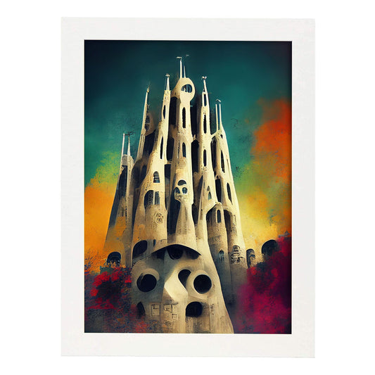 Nacnic Lámina La Sagrada Familia Sensible al estilo de T. Burton. Ilustraciones de monumentos, ciudades, paises inspiradas en arte gótico y oscuro. Diseño y Decoración de Interiores.-Artwork-Nacnic-A4-Marco Blanco-Nacnic Estudio SL