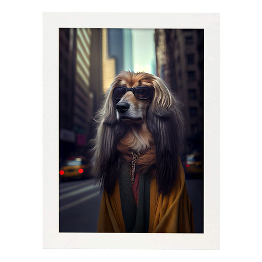 Nacnic Lámina Lebrel afgano Responsable en estilo Fotografía a todo color. Divertidas ilustraciones realistas de animales con ropa humana. Diseño y Decoración de Interiores.-Artwork-Nacnic-A4-Marco Blanco-Nacnic Estudio SL