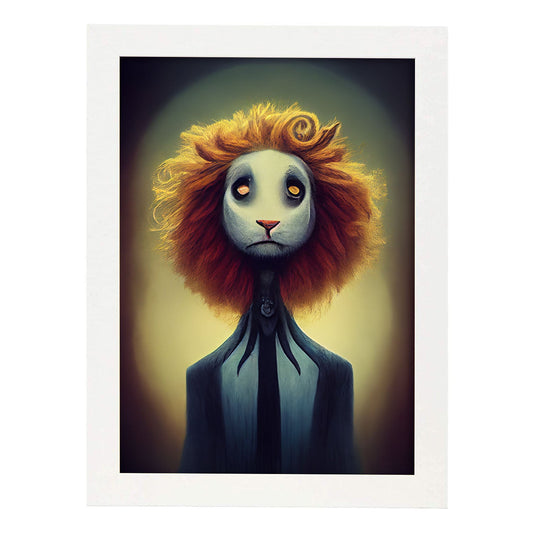 Nacnic Lámina León Sociable estilo T. Burton. Ilustraciones y pósters de animales inspirados en el arte gótico y oscuro de Burton. Diseño y Decoración de Interiores.-Artwork-Nacnic-A4-Marco Blanco-Nacnic Estudio SL