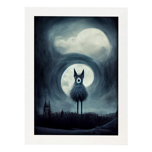 Nacnic Lámina Lobo Empático estilo T. Burton. Ilustraciones y pósters de animales inspirados en el arte gótico y oscuro de Burton. Diseño y Decoración de Interiores.-Artwork-Nacnic-A4-Marco Blanco-Nacnic Estudio SL