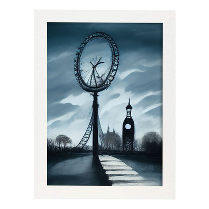 Nacnic Lámina London Eye Amistoso al estilo de T. Burton. Ilustraciones de monumentos, ciudades, paises inspiradas en arte gótico y oscuro. Diseño y Decoración de Interiores.-Artwork-Nacnic-A4-Marco Blanco-Nacnic Estudio SL