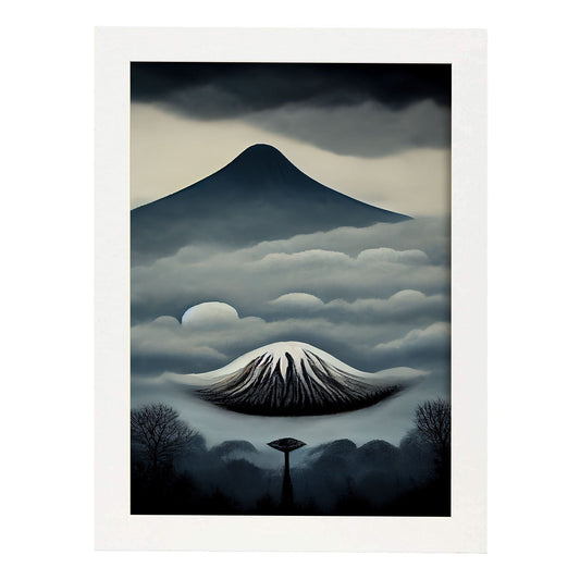 Nacnic Lámina Monte Fuji Intelectual al estilo de T. Burton. Ilustraciones de monumentos, ciudades, paises inspiradas en arte gótico y oscuro. Diseño y Decoración de Interiores.-Artwork-Nacnic-A4-Marco Blanco-Nacnic Estudio SL