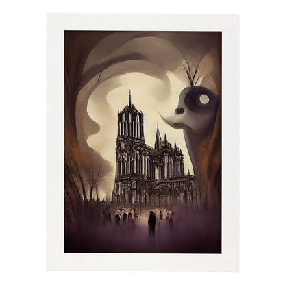 Nacnic Lámina Notre Dame Sensible al estilo de T. Burton. Ilustraciones de monumentos, ciudades, paises inspiradas en arte gótico y oscuro. Diseño y Decoración de Interiores.-Artwork-Nacnic-A4-Marco Blanco-Nacnic Estudio SL