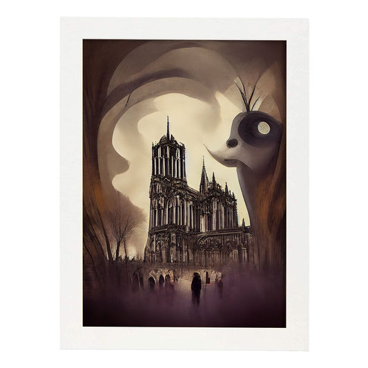 Nacnic Lámina Notre Dame Sensible al estilo de T. Burton. Ilustraciones de monumentos, ciudades, paises inspiradas en arte gótico y oscuro. Diseño y Decoración de Interiores.-Artwork-Nacnic-A4-Marco Blanco-Nacnic Estudio SL