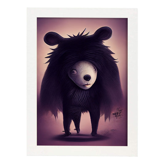 Nacnic Lámina Oso Amistoso estilo T. Burton. Ilustraciones y pósters de animales inspirados en el arte gótico y oscuro de Burton. Diseño y Decoración de Interiores.-Artwork-Nacnic-A4-Marco Blanco-Nacnic Estudio SL