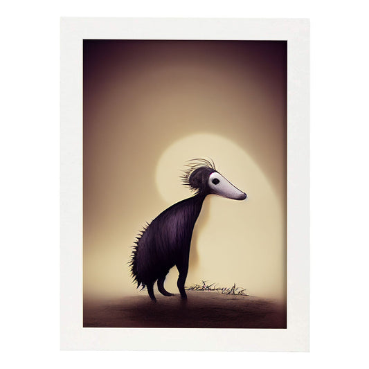 Nacnic Lámina Oso hormiguero Humilde estilo T. Burton. Ilustraciones y pósters de animales inspirados en el arte gótico y oscuro de Burton. Diseño y Decoración de Interiores.-Artwork-Nacnic-A4-Marco Blanco-Nacnic Estudio SL