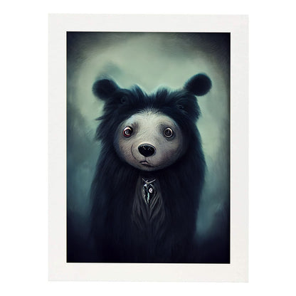 Nacnic Lámina Oso pardo Amable estilo T. Burton. Ilustraciones y pósters de animales inspirados en el arte gótico y oscuro de Burton. Diseño y Decoración de Interiores.-Artwork-Nacnic-A4-Marco Blanco-Nacnic Estudio SL