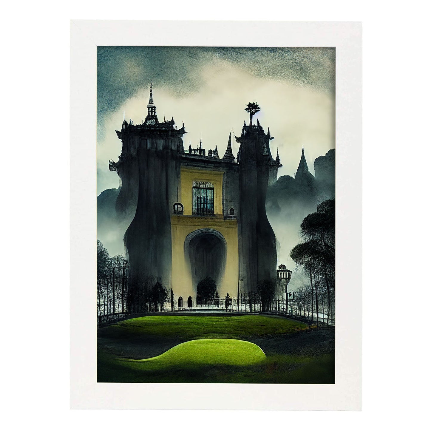 Nacnic Lámina Palacio de la Pena Intelectual al estilo de T. Burton. Ilustraciones de monumentos, ciudades, paises inspiradas en arte gótico y oscuro. Diseño y Decoración de Interiores.-Artwork-Nacnic-A4-Marco Blanco-Nacnic Estudio SL