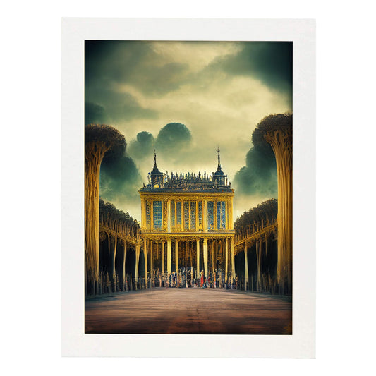 Nacnic Lámina Palacio de Versalles Dinámico al estilo de T. Burton. Ilustraciones de monumentos, ciudades, paises inspiradas en arte gótico y oscuro. Diseño y Decoración de Interiores.-Artwork-Nacnic-A4-Marco Blanco-Nacnic Estudio SL