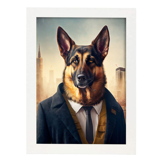 Nacnic Lámina Pastor alemán Humilde en estilo Fotografía a todo color. Divertidas ilustraciones realistas de animales con ropa humana. Diseño y Decoración de Interiores.-Artwork-Nacnic-A4-Marco Blanco-Nacnic Estudio SL
