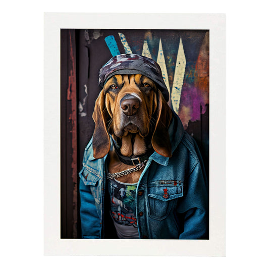 Nacnic Lámina Perro de San Huberto Curioso en estilo Fotografía a todo color. Divertidas ilustraciones realistas de animales con ropa humana. Diseño y Decoración de Interiores.-Artwork-Nacnic-A4-Marco Blanco-Nacnic Estudio SL