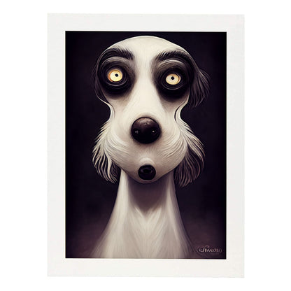 Nacnic Lámina Perro Dependiente estilo T. Burton. Ilustraciones y pósters de animales inspirados en el arte gótico y oscuro de Burton. Diseño y Decoración de Interiores.-Artwork-Nacnic-A4-Marco Blanco-Nacnic Estudio SL