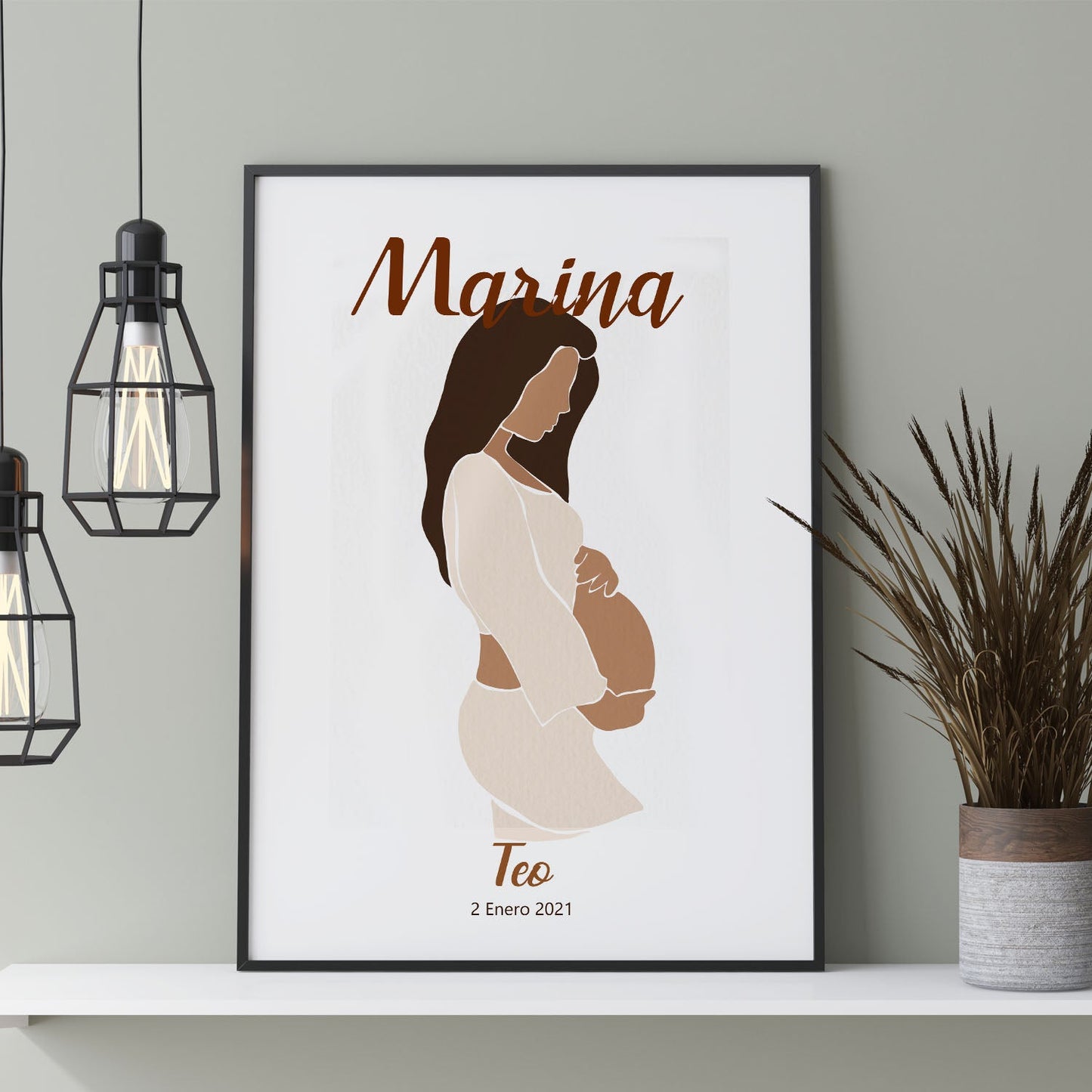 Lámina Personalizada Nacnic de Mujer Embarazada con Nombres y Fecha de Nacimiento