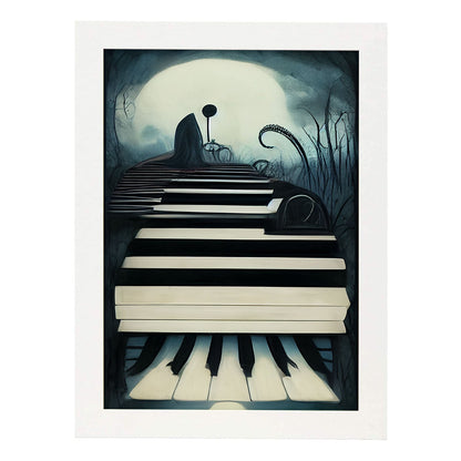 Nacnic Lámina Piano Amistoso al estilo de T. Burton. Ilustraciones de escenas y lugares inspiradas en arte gótico y oscuro. Diseño y Decoración de Interiores.-Artwork-Nacnic-A4-Marco Blanco-Nacnic Estudio SL