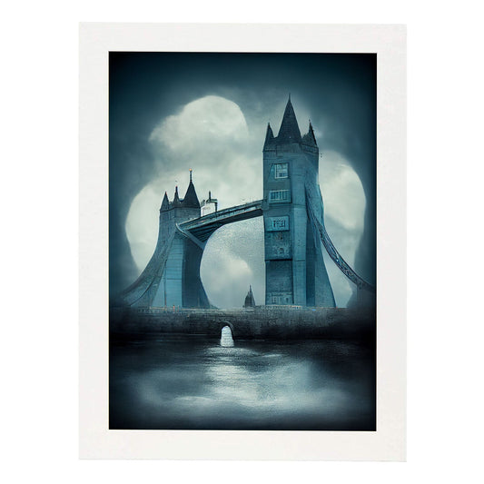 Nacnic Lámina Puente de la Torre Optimista al estilo de T. Burton. Ilustraciones de monumentos, ciudades, paises inspiradas en arte gótico y oscuro. Diseño y Decoración de Interiores.-Artwork-Nacnic-A4-Marco Blanco-Nacnic Estudio SL