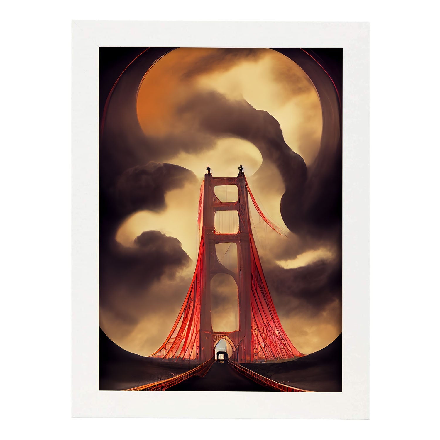 Nacnic Lámina Puente Golden Gate Humilde al estilo de T. Burton. Ilustraciones de monumentos, ciudades, paises inspiradas en arte gótico y oscuro. Diseño y Decoración de Interiores.-Artwork-Nacnic-A4-Marco Blanco-Nacnic Estudio SL