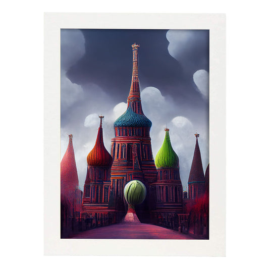 Nacnic Lámina San Basilio a color Encantador al estilo de T. Burton. Ilustraciones de monumentos, ciudades, paises inspiradas en arte gótico y oscuro. Diseño y Decoración de Interiores.-Artwork-Nacnic-A4-Marco Blanco-Nacnic Estudio SL