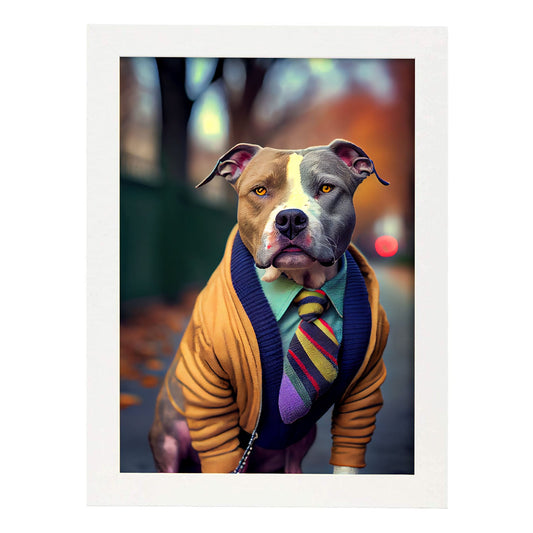 Nacnic Lámina Staffordshire Terrier Cariñoso en estilo Fotografía a todo color. Divertidas ilustraciones realistas de animales con ropa humana. Diseño y Decoración de Interiores.-Artwork-Nacnic-A4-Marco Blanco-Nacnic Estudio SL