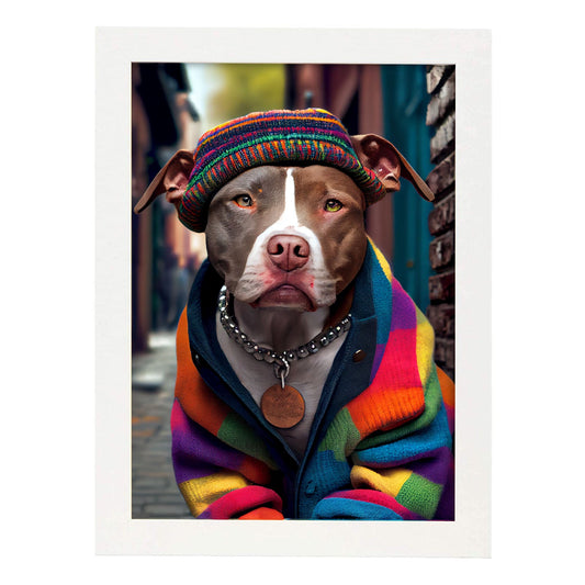 Nacnic Lámina Staffordshire Terrier colorido Responsable en estilo Fotografía a todo color. Divertidas ilustraciones realistas de animales con ropa humana. Diseño y Decoración de Interiores.-Artwork-Nacnic-A4-Marco Blanco-Nacnic Estudio SL