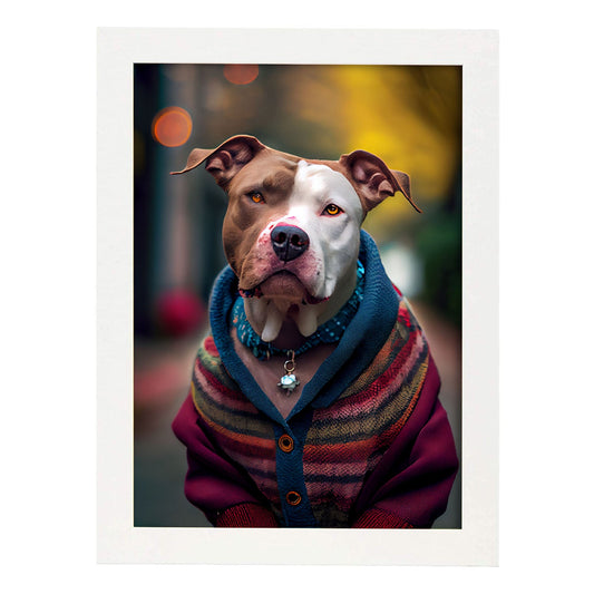 Nacnic Lámina Staffordshire Terrier Cooperativo en estilo Fotografía a todo color. Divertidas ilustraciones realistas de animales con ropa humana. Diseño y Decoración de Interiores.-Artwork-Nacnic-A4-Marco Blanco-Nacnic Estudio SL