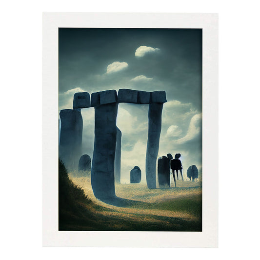 Nacnic Lámina Stonehenge Dinámico al estilo de T. Burton. Ilustraciones de monumentos, ciudades, paises inspiradas en arte gótico y oscuro. Diseño y Decoración de Interiores.-Artwork-Nacnic-A4-Marco Blanco-Nacnic Estudio SL