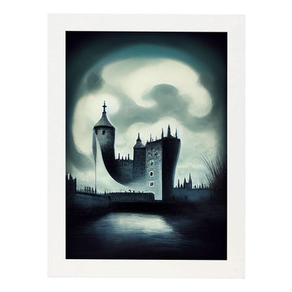 Nacnic Lámina Torre de Londres Optimista al estilo de T. Burton. Ilustraciones de monumentos, ciudades, paises inspiradas en arte gótico y oscuro. Diseño y Decoración de Interiores.-Artwork-Nacnic-A4-Marco Blanco-Nacnic Estudio SL