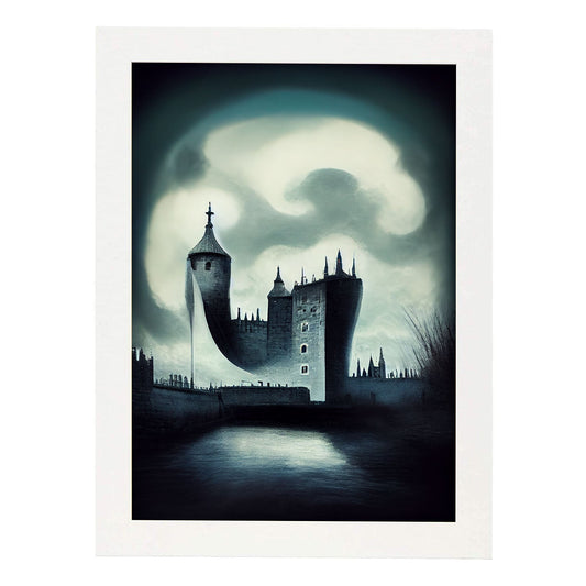 Nacnic Lámina Torre de Londres Optimista al estilo de T. Burton. Ilustraciones de monumentos, ciudades, paises inspiradas en arte gótico y oscuro. Diseño y Decoración de Interiores.-Artwork-Nacnic-A4-Marco Blanco-Nacnic Estudio SL