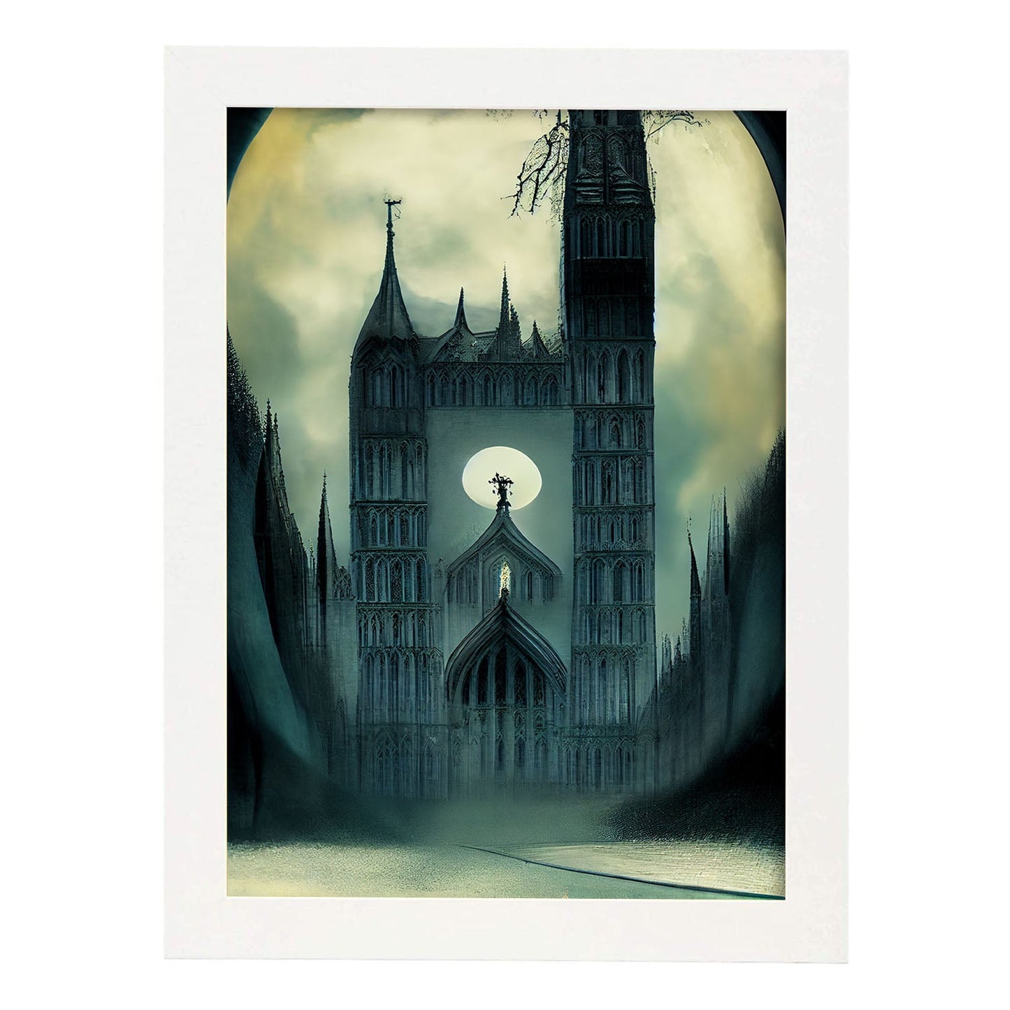 Nacnic Lámina Westminster Sociable al estilo de T. Burton. Ilustraciones de monumentos, ciudades, paises inspiradas en arte gótico y oscuro. Diseño y Decoración de Interiores.-Artwork-Nacnic-A4-Marco Blanco-Nacnic Estudio SL