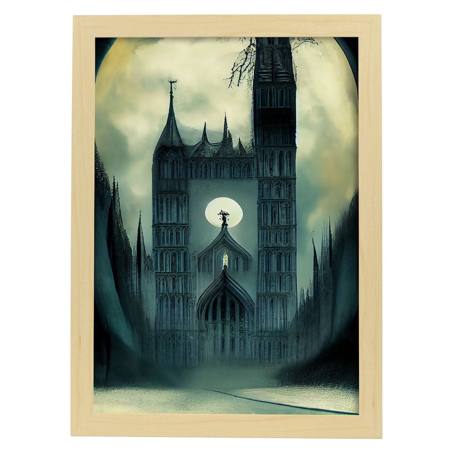 Nacnic Lámina Westminster Sociable al estilo de T. Burton. Ilustraciones de monumentos, ciudades, paises inspiradas en arte gótico y oscuro. Diseño y Decoración de Interiores.-Artwork-Nacnic-A4-Marco Madera clara-Nacnic Estudio SL